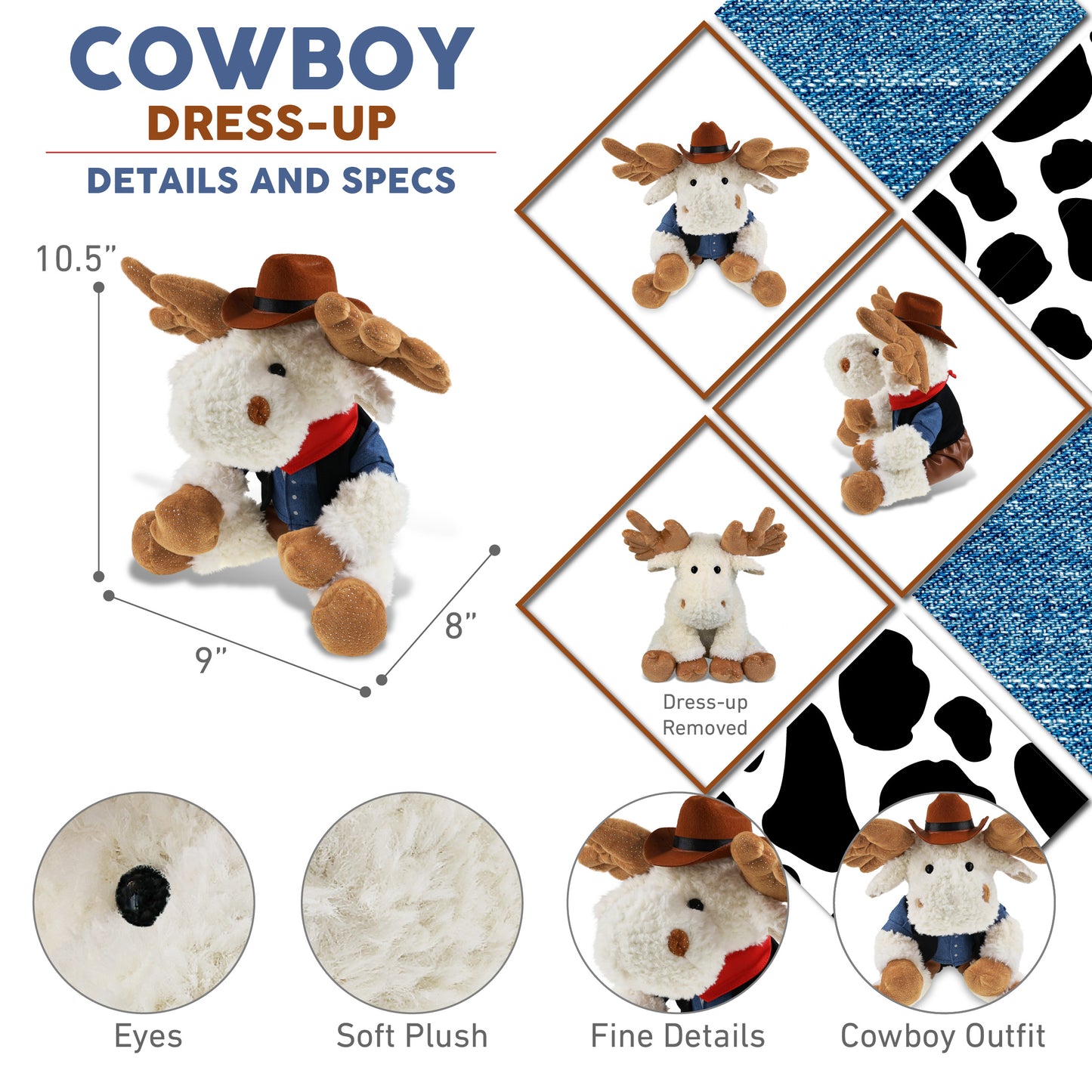 SUPER SOFT PLUSH - FANCY FLOPPY MOOSE 10.5" COWBOY DRESS UP