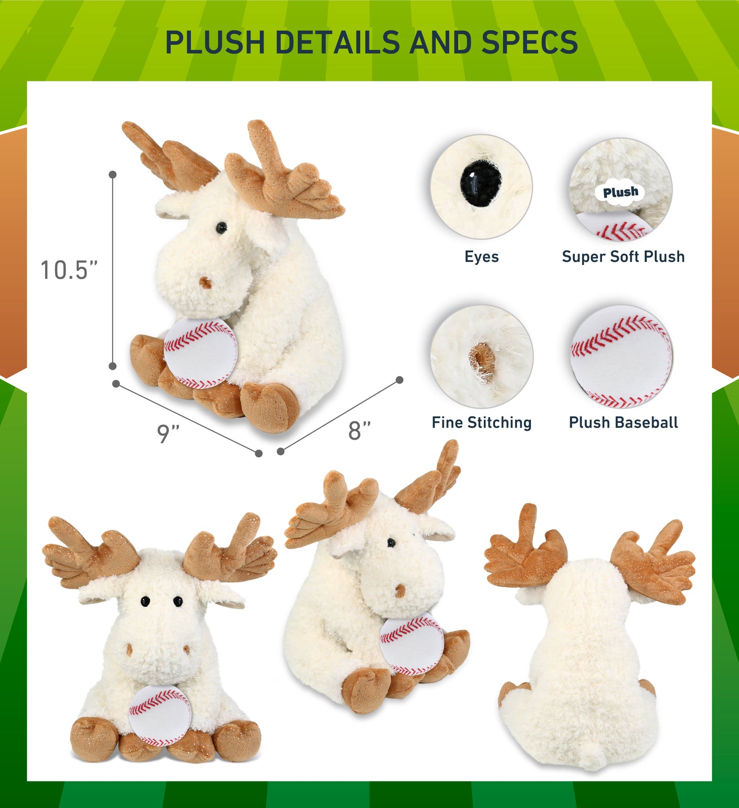 SUPER SOFT PLUSH - FANCY FLOPPY MOOSE 10.5" WITH BASEBALL PLUSH