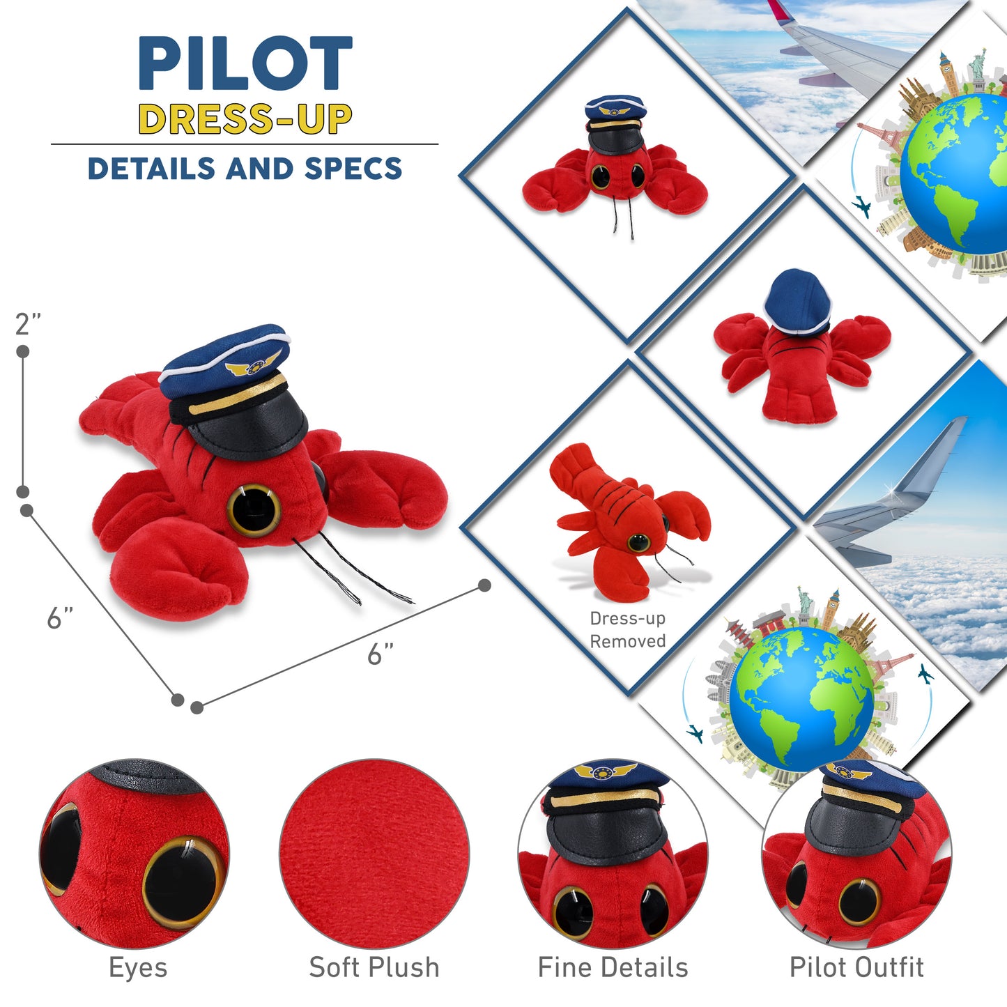 BIG EYE 6" PLUSH - LOBSTER WITH PILOT DRESS UP