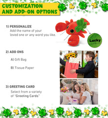 DolliBu Big Eye Red Lobster Stuffed Animal with Green Plush Shamrock - 6 Inches