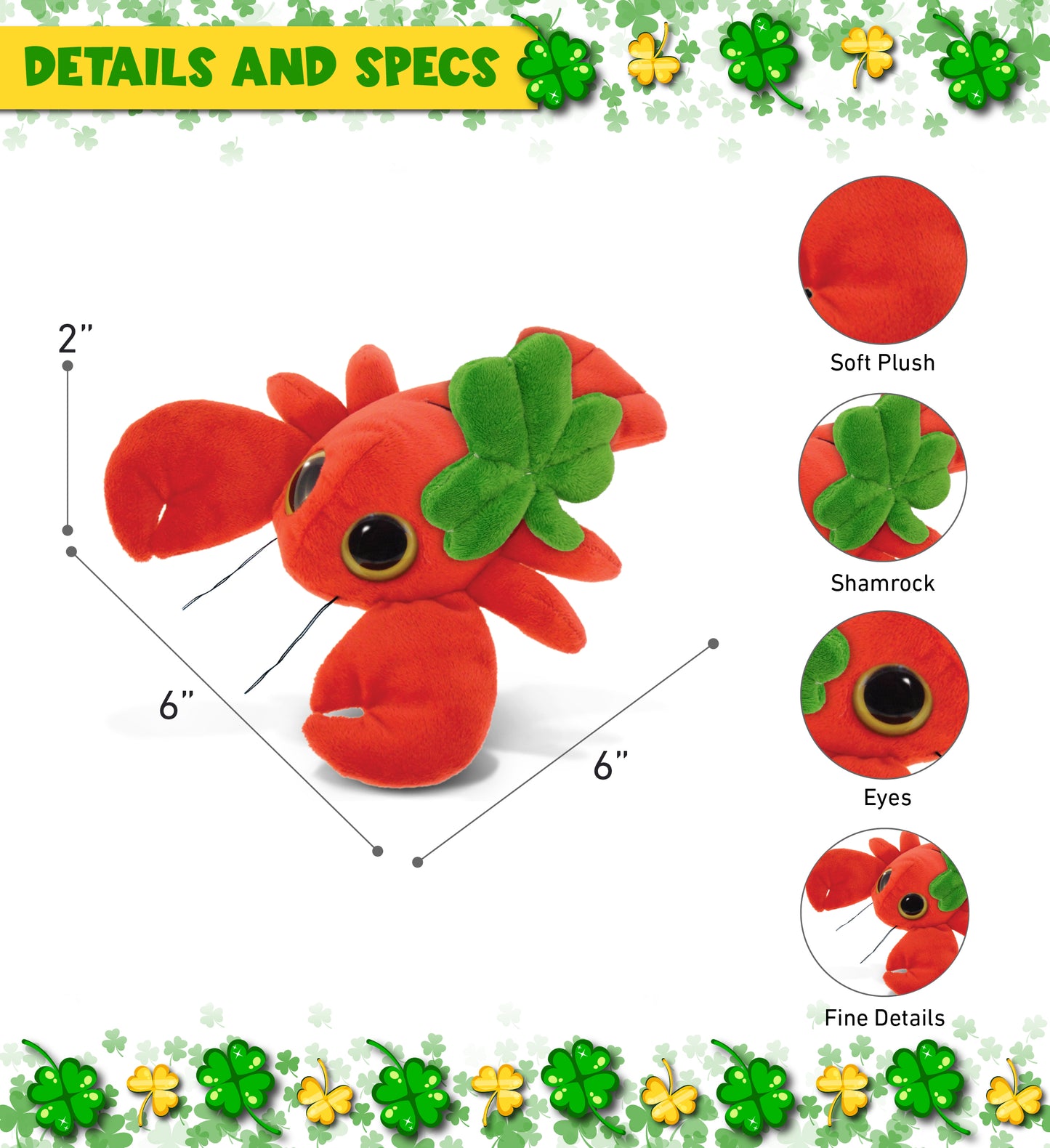 DolliBu Big Eye Red Lobster Stuffed Animal with Green Plush Shamrock - 6 Inches