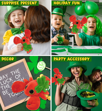 DolliBu Big Eye Red Lobster Stuffed Animal with Green Plush Shamrock - 6 Inches