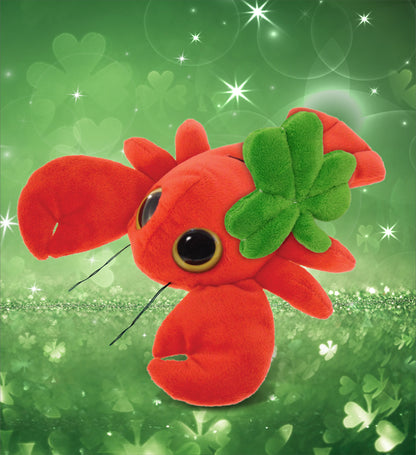 DolliBu Big Eye Red Lobster Stuffed Animal with Green Plush Shamrock - 6 Inches