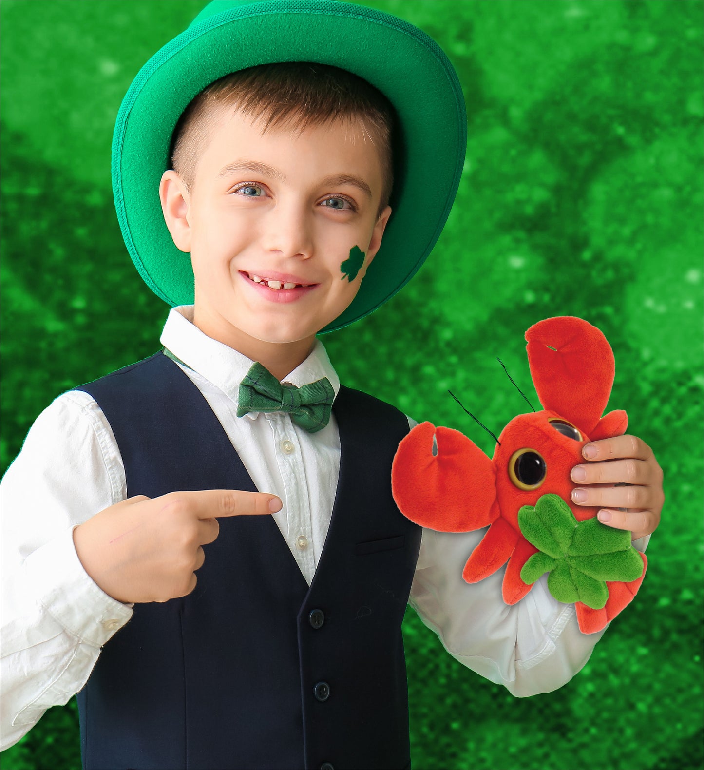DolliBu Big Eye Red Lobster Stuffed Animal with Green Plush Shamrock - 6 Inches