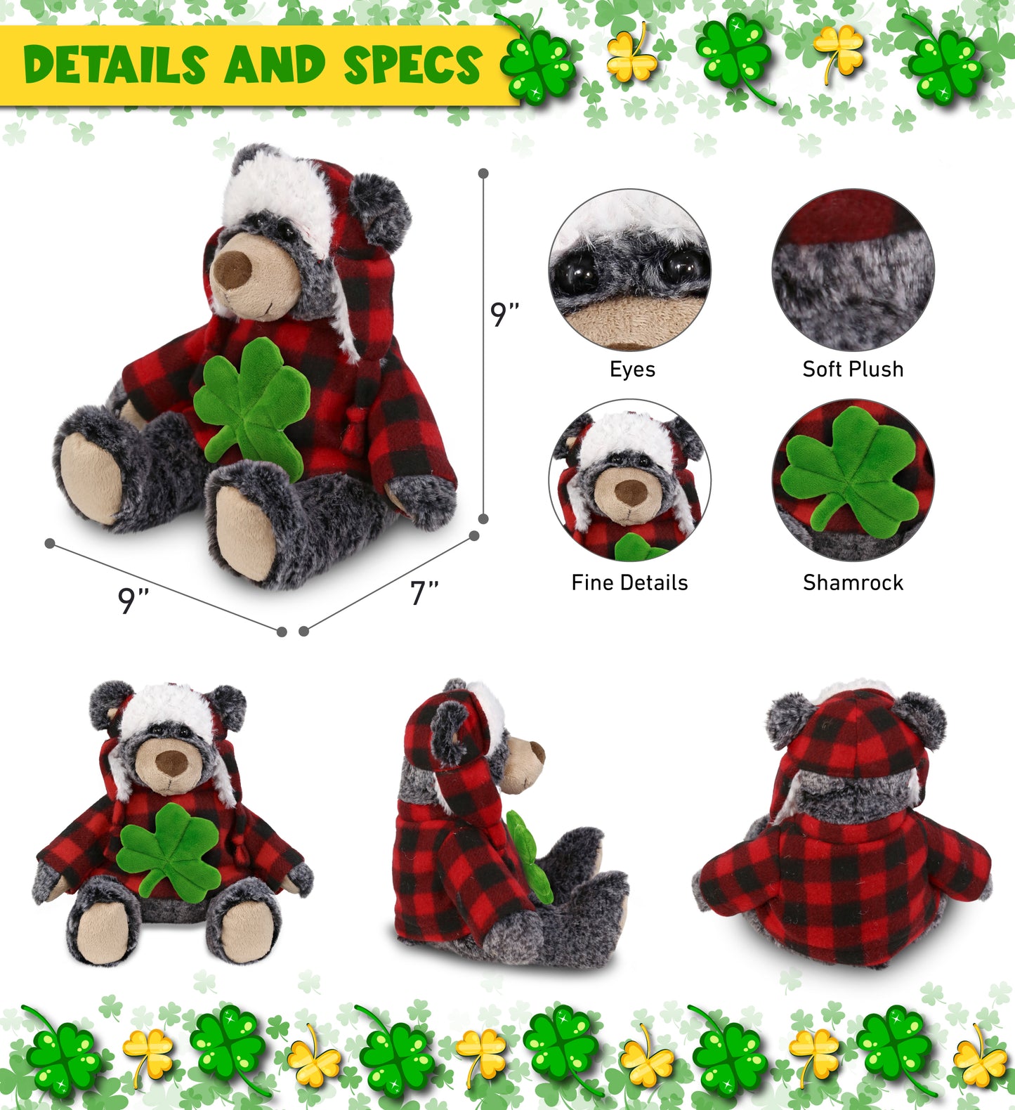 DolliBu Super Soft Black Bear Stuffed Animal with Green Plush Shamrock - 9 Inch