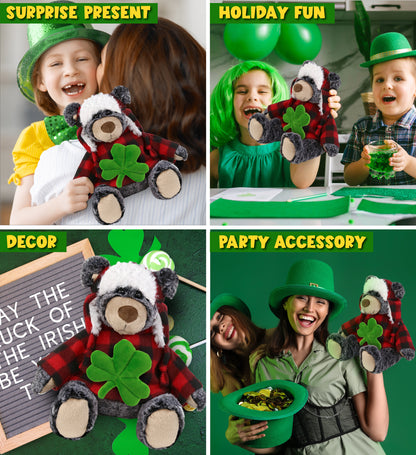 DolliBu Super Soft Black Bear Stuffed Animal with Green Plush Shamrock - 9 Inch