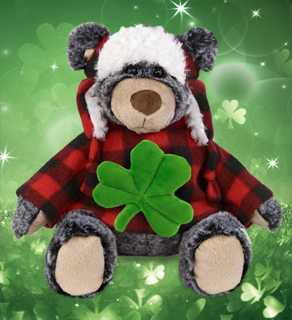 DolliBu Super Soft Black Bear Stuffed Animal with Green Plush Shamrock - 9 Inch