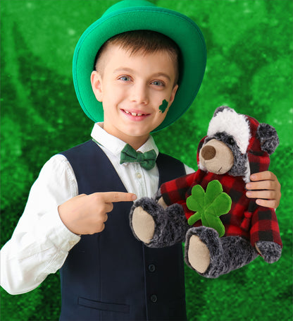DolliBu Super Soft Black Bear Stuffed Animal with Green Plush Shamrock - 9 Inch