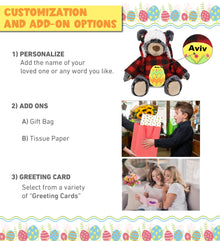 DolliBu Black Bear with Red Plaid Outfit and Yellow Easter Egg Plush â€“ 9 Inches