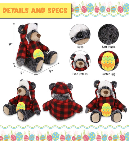 DolliBu Black Bear with Red Plaid Outfit and Yellow Easter Egg Plush â€“ 9 Inches