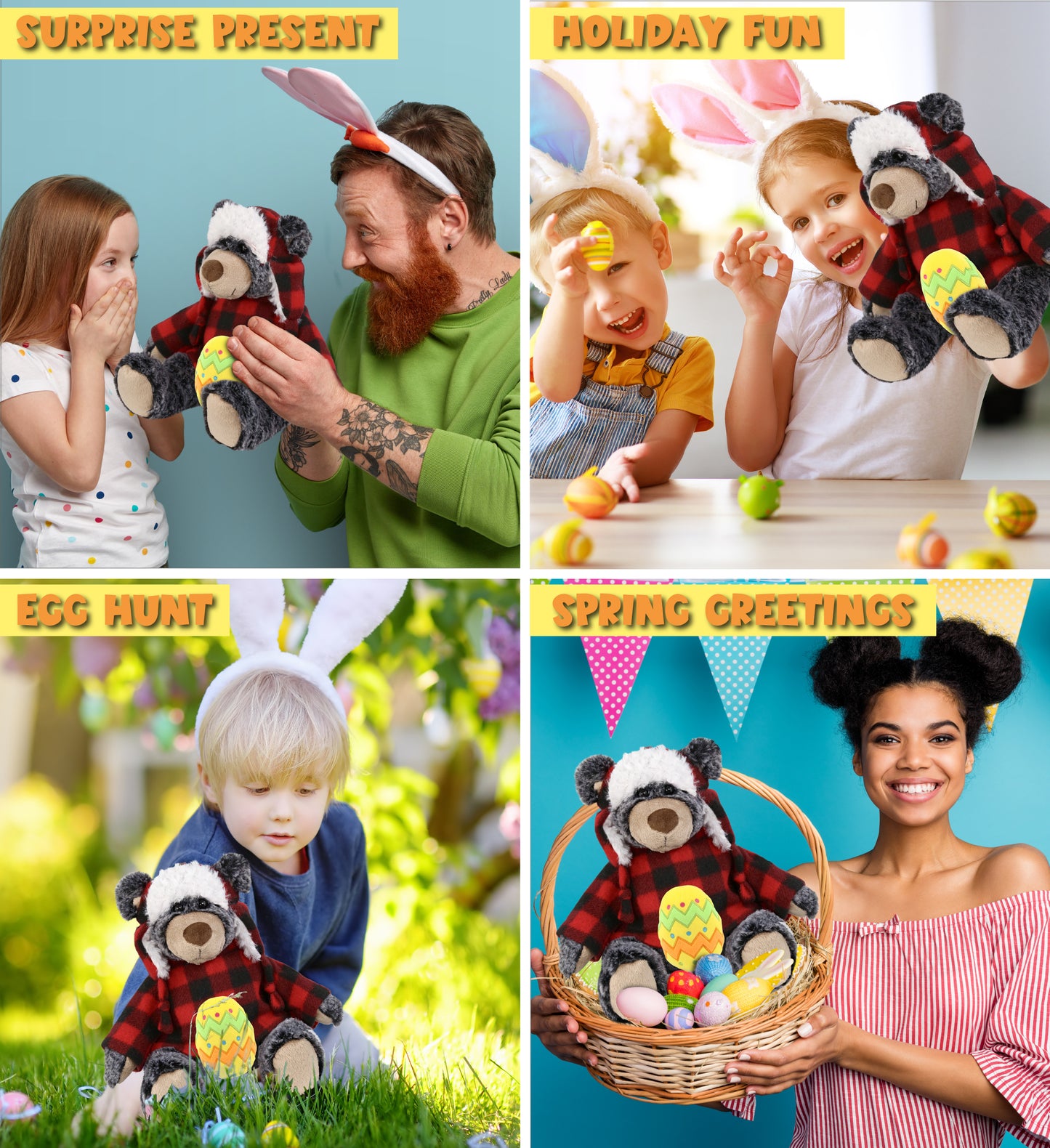 DolliBu Black Bear with Red Plaid Outfit and Yellow Easter Egg Plush â€“ 9 Inches