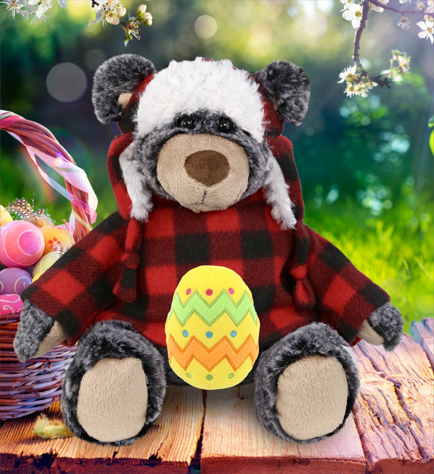 DolliBu Black Bear with Red Plaid Outfit and Yellow Easter Egg Plush â€“ 9 Inches