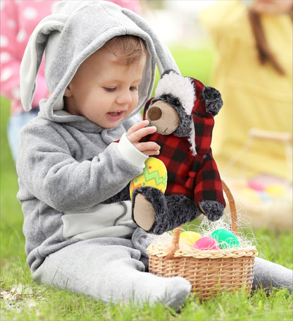 DolliBu Black Bear with Red Plaid Outfit and Yellow Easter Egg Plush â€“ 9 Inches