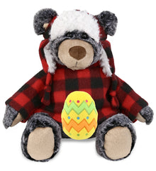 DolliBu Black Bear with Red Plaid Outfit and Yellow Easter Egg Plush â€“ 9 Inches