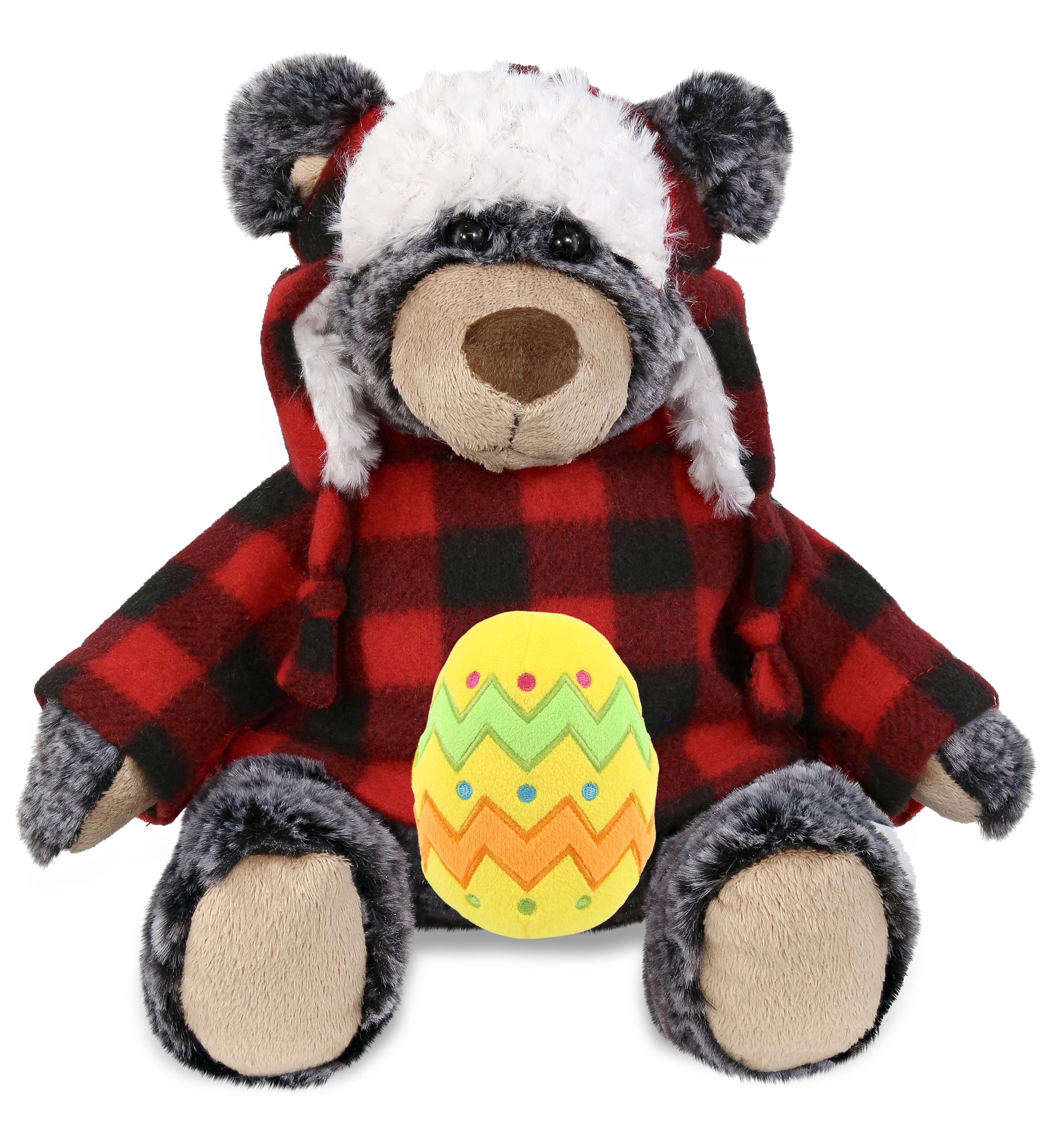 DolliBu Black Bear with Red Plaid Outfit and Yellow Easter Egg Plush â€“ 9 Inches