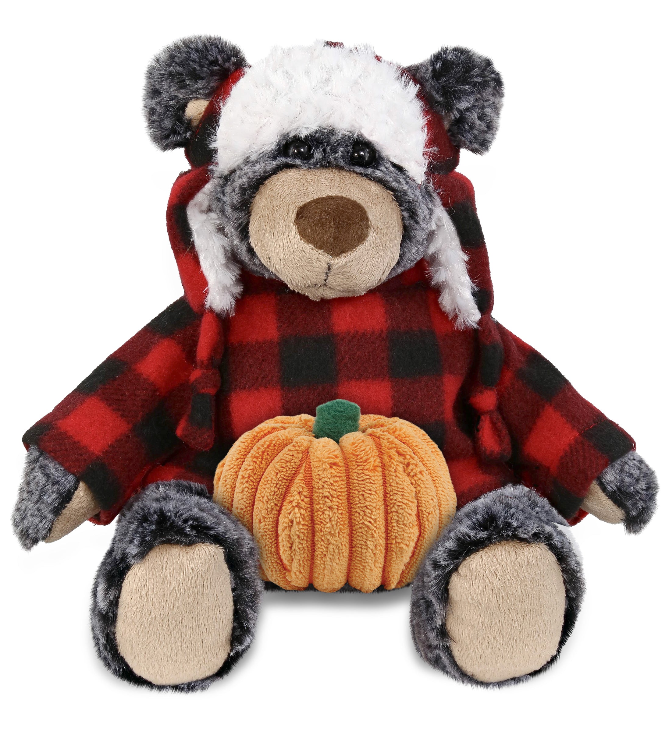 PLUSH PUMPKIN - SUPER SOFT PLUSH - RED PLAID OUTFIT - BLACK BEAR
