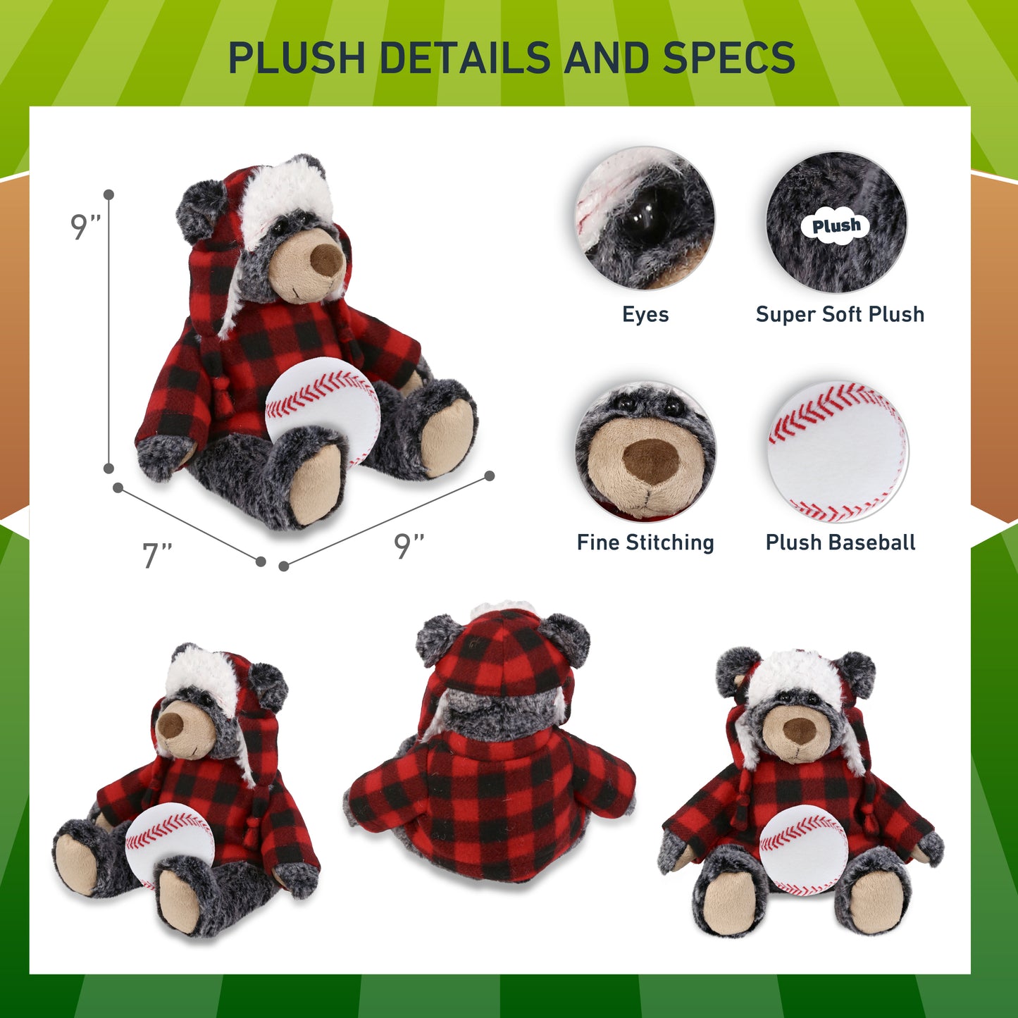 SUPER SOFT PLUSH - RED PLAID OUTFIT - BLACK BEAR with Baseball Plush