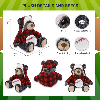 SUPER SOFT PLUSH - RED PLAID OUTFIT - BLACK BEAR with Baseball Plush
