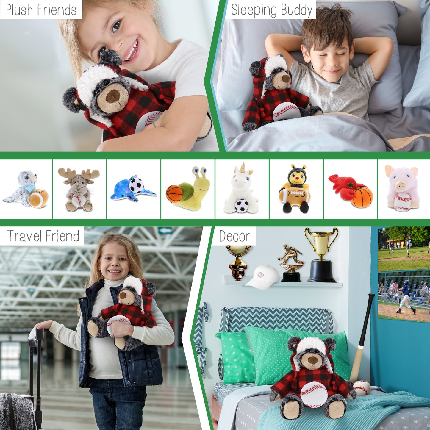 SUPER SOFT PLUSH - RED PLAID OUTFIT - BLACK BEAR with Baseball Plush