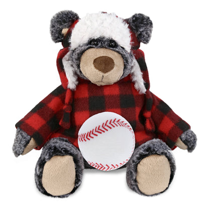 SUPER SOFT PLUSH - RED PLAID OUTFIT - BLACK BEAR with Baseball Plush