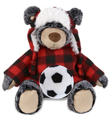 SUPER SOFT PLUSH - RED PLAID OUTFIT - BLACK BEAR with Soccer Plush