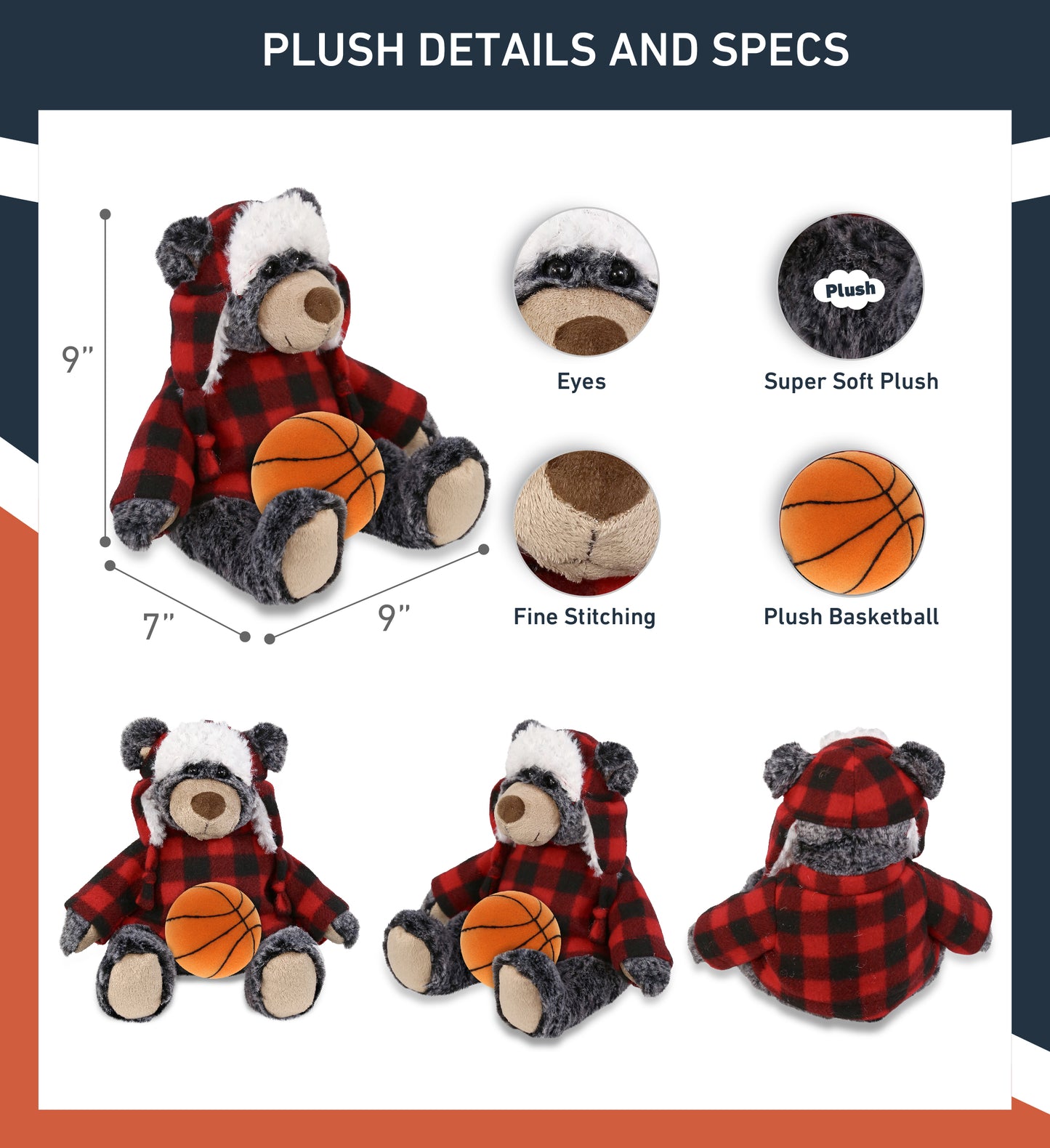 SUPER SOFT PLUSH - RED PLAID OUTFIT - BLACK BEAR with Basketball Plush