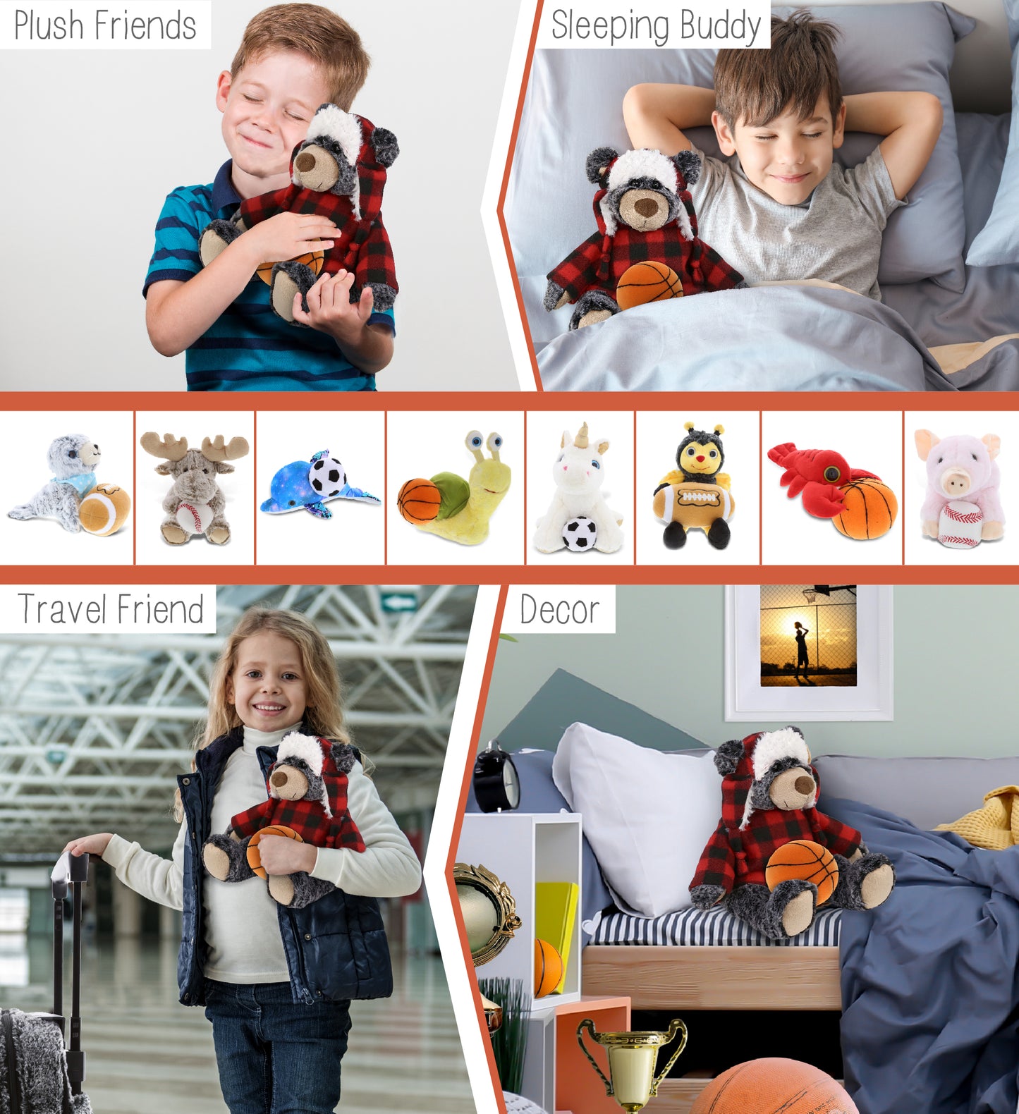 SUPER SOFT PLUSH - RED PLAID OUTFIT - BLACK BEAR with Basketball Plush