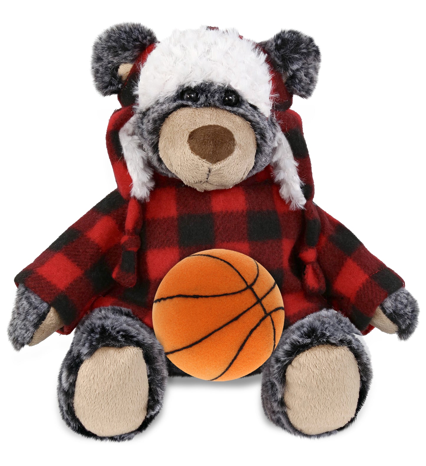 SUPER SOFT PLUSH - RED PLAID OUTFIT - BLACK BEAR with Basketball Plush