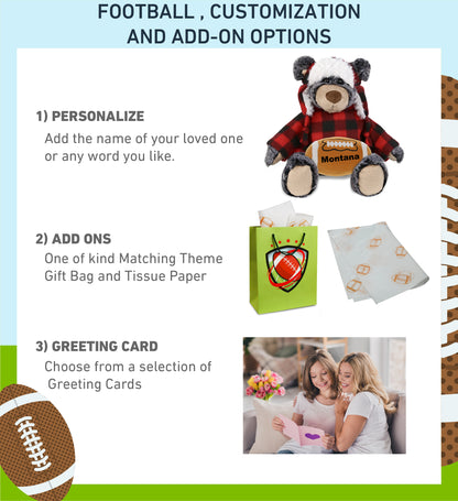 SUPER SOFT PLUSH - RED PLAID OUTFIT - BLACK BEAR with Football Plush