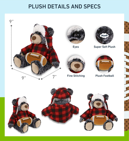 SUPER SOFT PLUSH - RED PLAID OUTFIT - BLACK BEAR with Football Plush