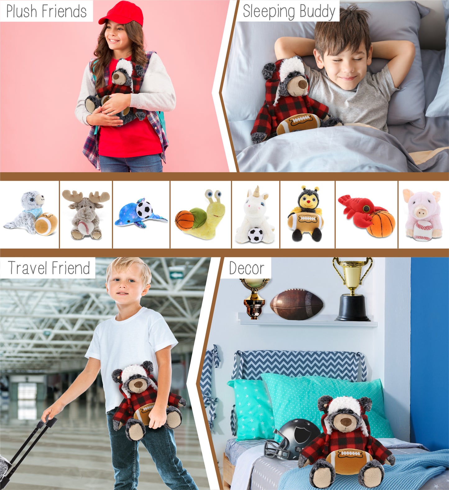 SUPER SOFT PLUSH - RED PLAID OUTFIT - BLACK BEAR with Football Plush