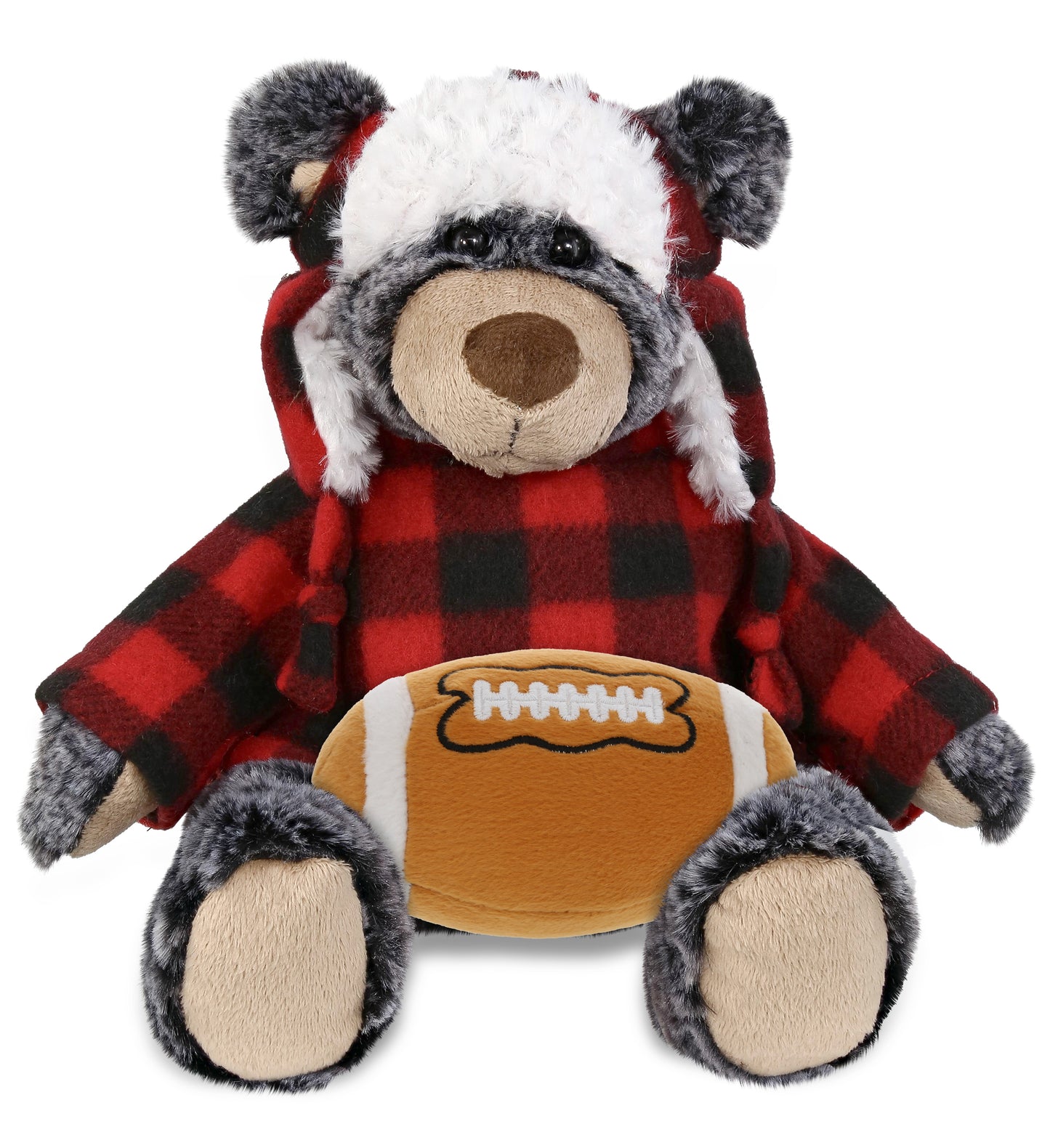 SUPER SOFT PLUSH - RED PLAID OUTFIT - BLACK BEAR with Football Plush