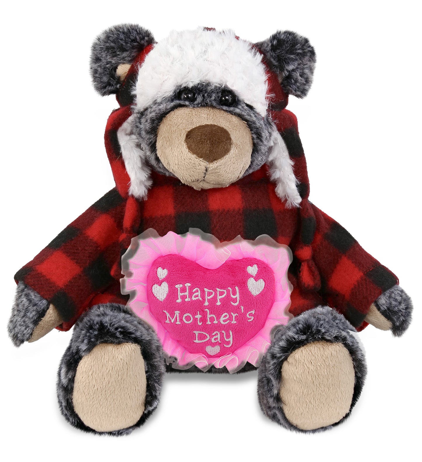 PLUSH MOTHERS DAY HEART - SUPER SOFT PLUSH - RED PLAID OUTFIT - BLACK BEAR