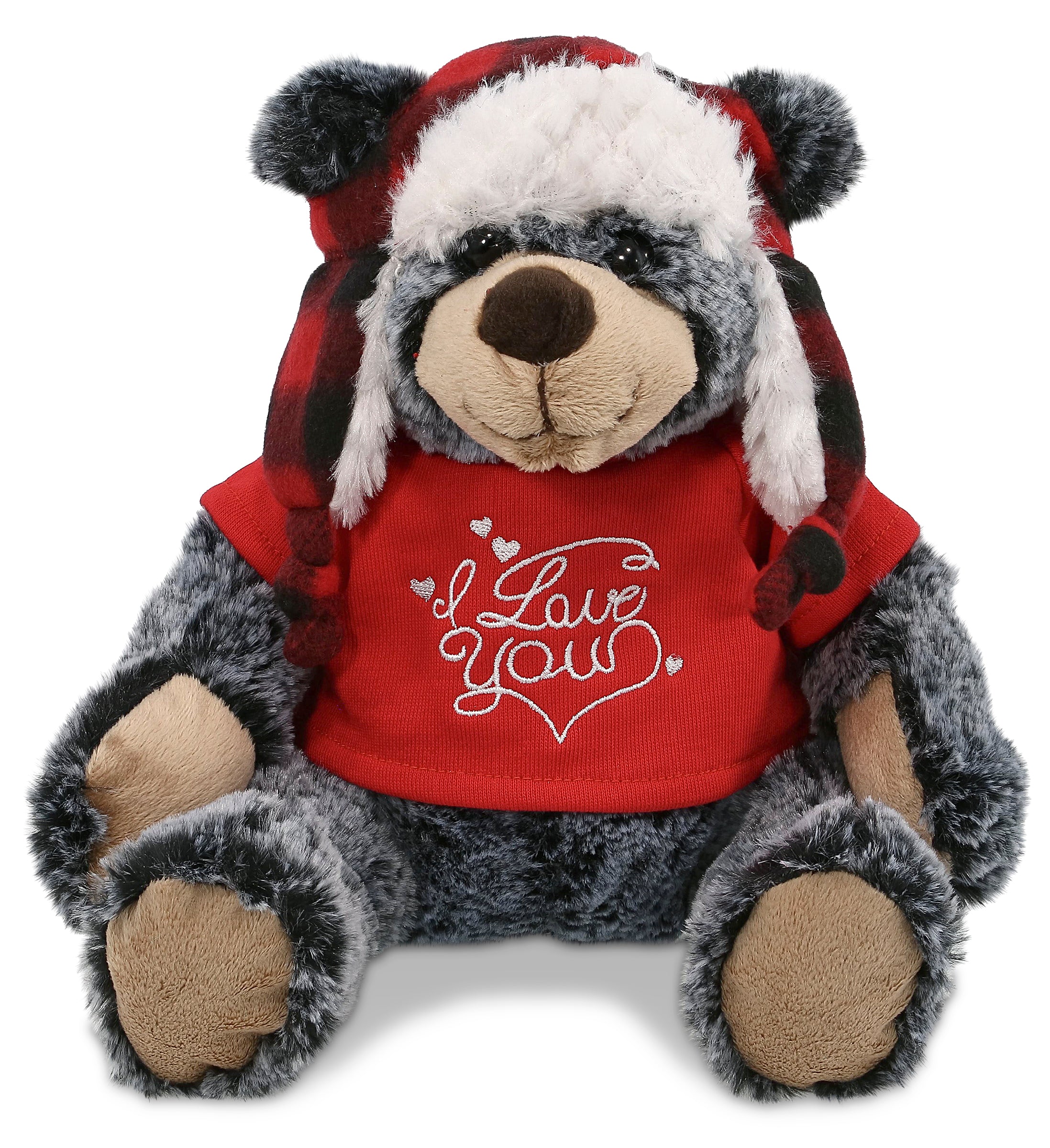 PLUSH I LOVE YOU RED SHIRT- SUPER SOFT PLUSH - RED PLAID OUTFIT - BLACK BEAR