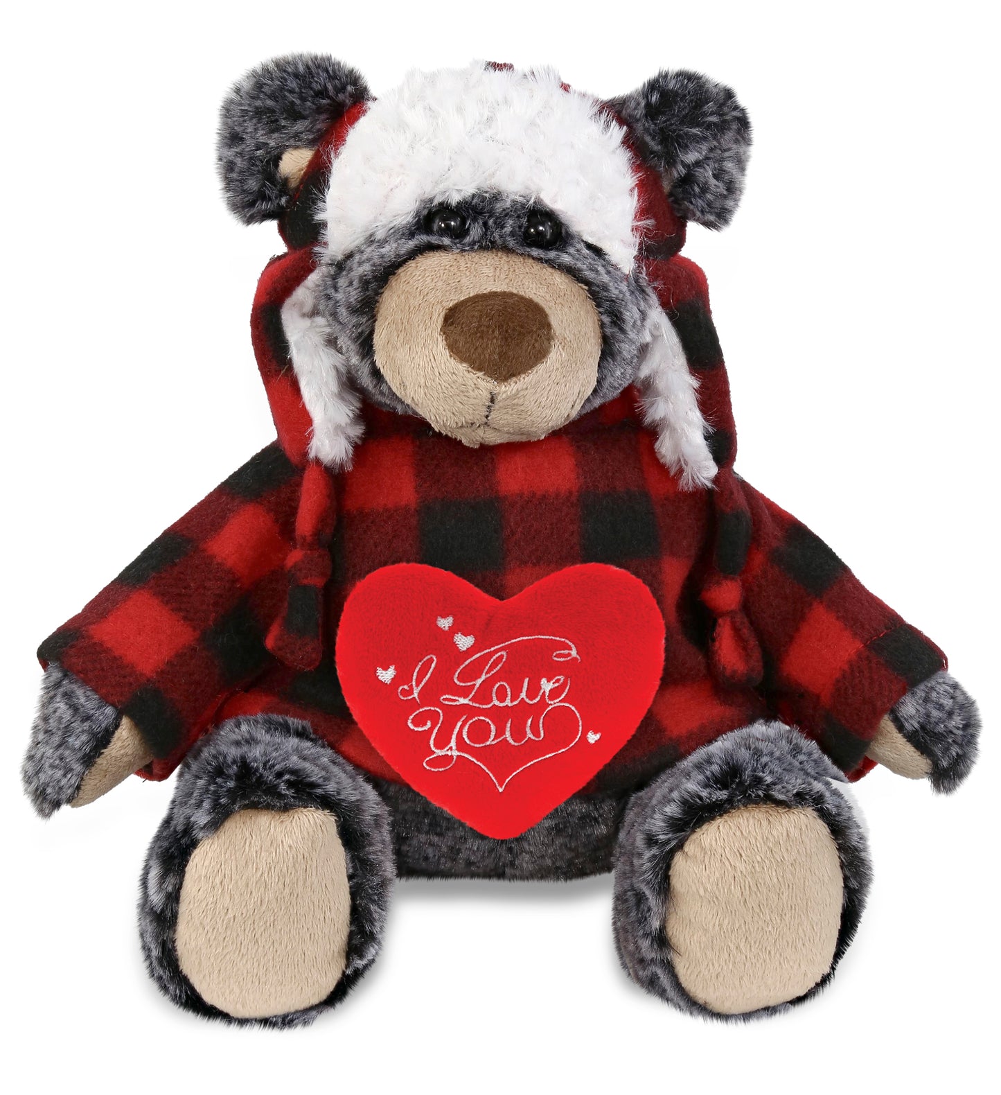 PLUSH I LOVE YOU RED HEART - SUPER SOFT PLUSH - RED PLAID OUTFIT - BLACK BEAR