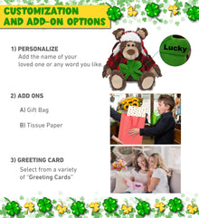 DolliBu Soft Grizzly Bear Stuffed Animal with Green Plush Shamrock - 9 Inches