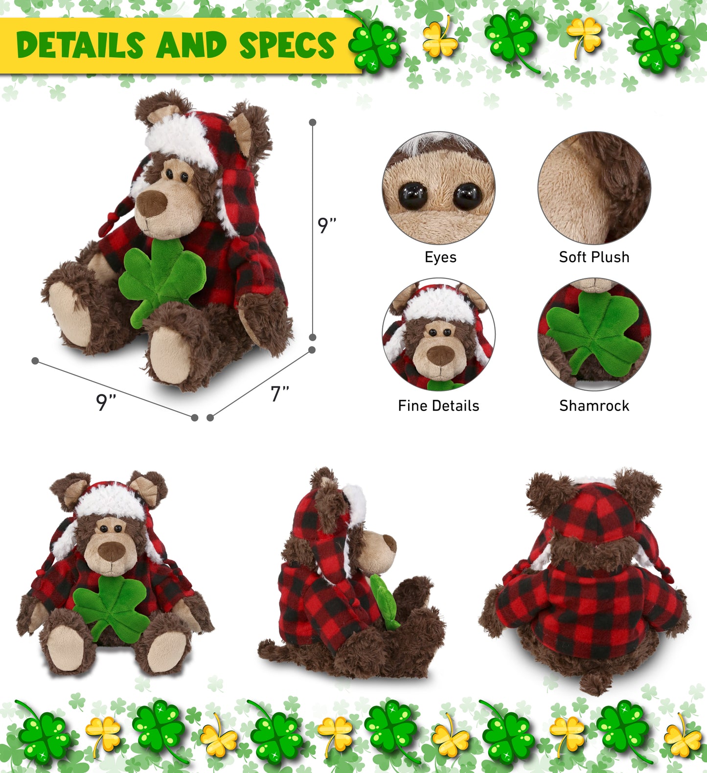 DolliBu Soft Grizzly Bear Stuffed Animal with Green Plush Shamrock - 9 Inches