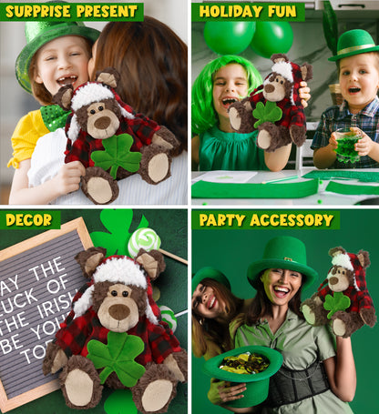 DolliBu Soft Grizzly Bear Stuffed Animal with Green Plush Shamrock - 9 Inches