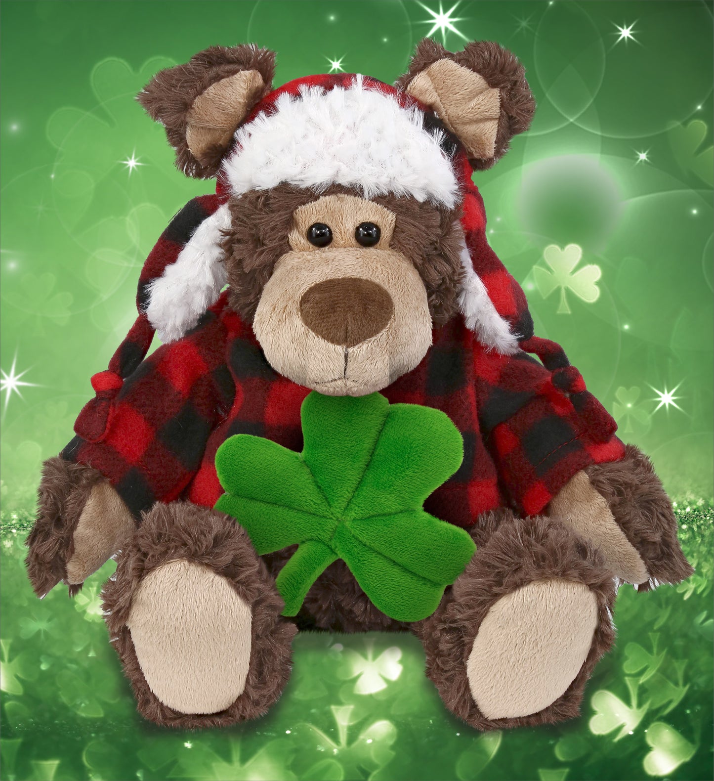 DolliBu Soft Grizzly Bear Stuffed Animal with Green Plush Shamrock - 9 Inches