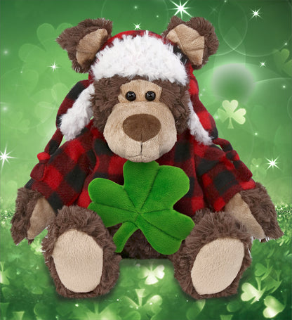 DolliBu Soft Grizzly Bear Stuffed Animal with Green Plush Shamrock - 9 Inches