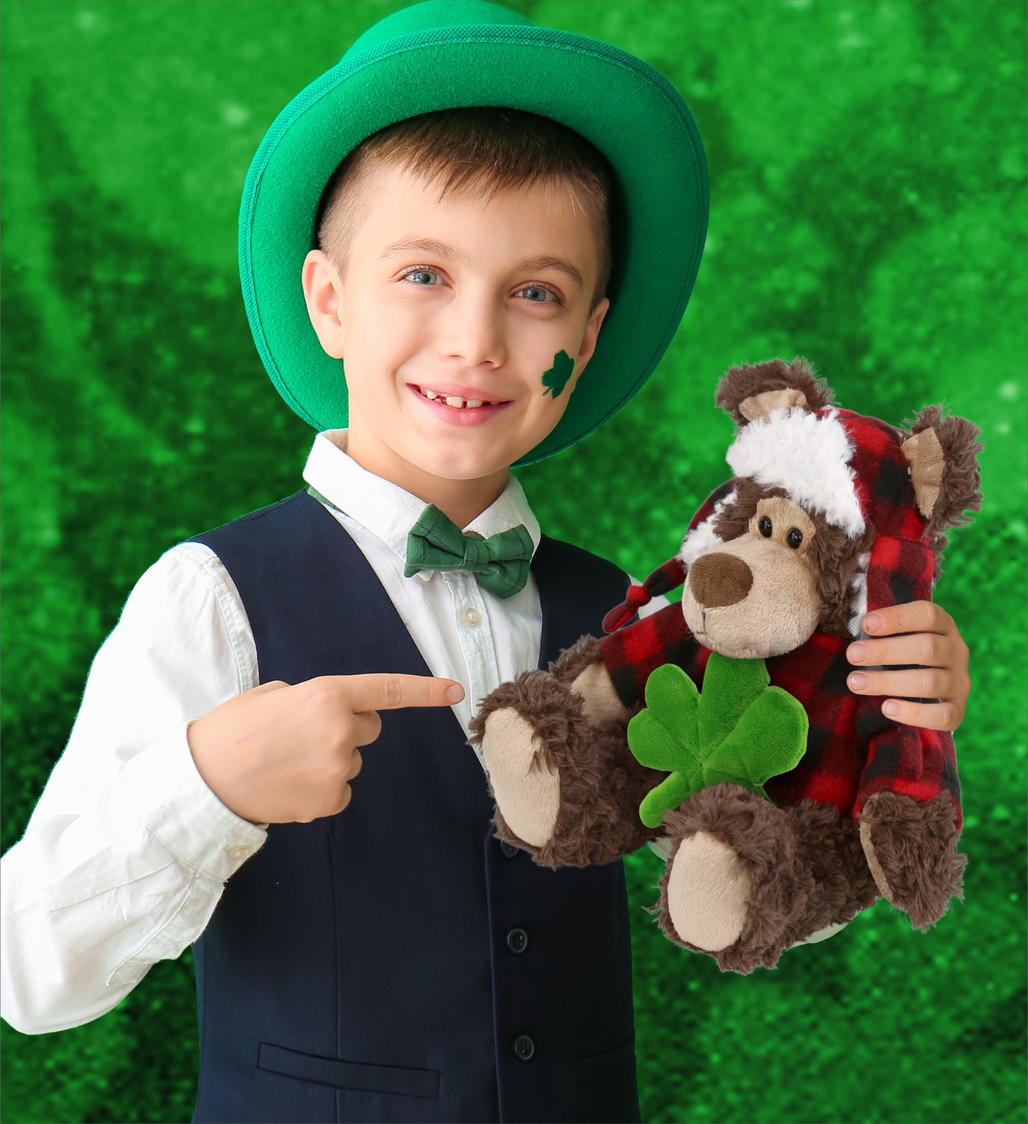 DolliBu Soft Grizzly Bear Stuffed Animal with Green Plush Shamrock - 9 Inches