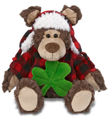 DolliBu Soft Grizzly Bear Stuffed Animal with Green Plush Shamrock - 9 Inches
