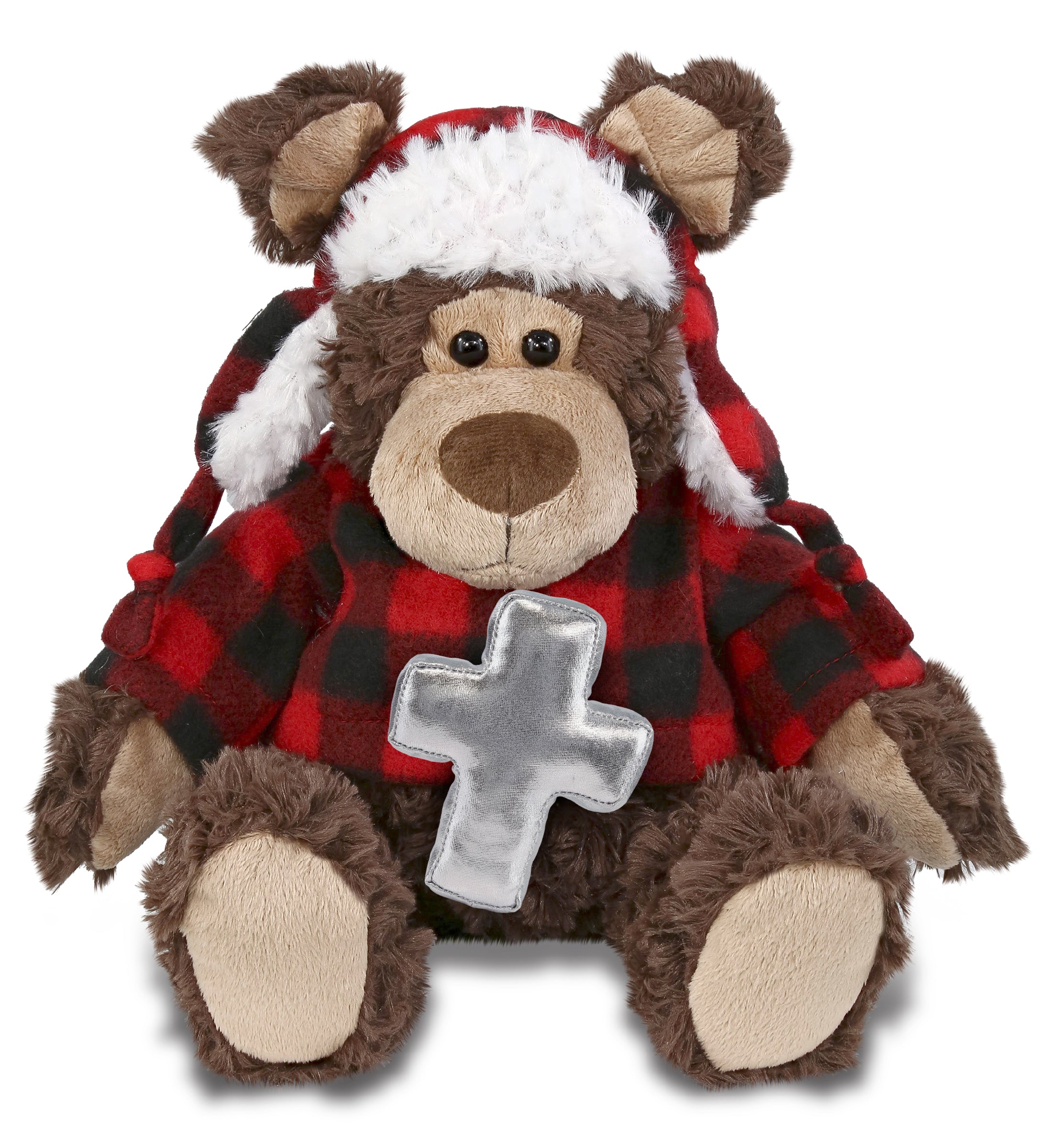 PLUSH CROSS - SUPER SOFT PLUSH - RED PLAID OUTFIT - GRIZZLY BEAR