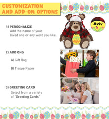 DolliBu Grizzly Bear with Red Plaid Outfit and Yellow Easter Egg Plush – 9 Inch