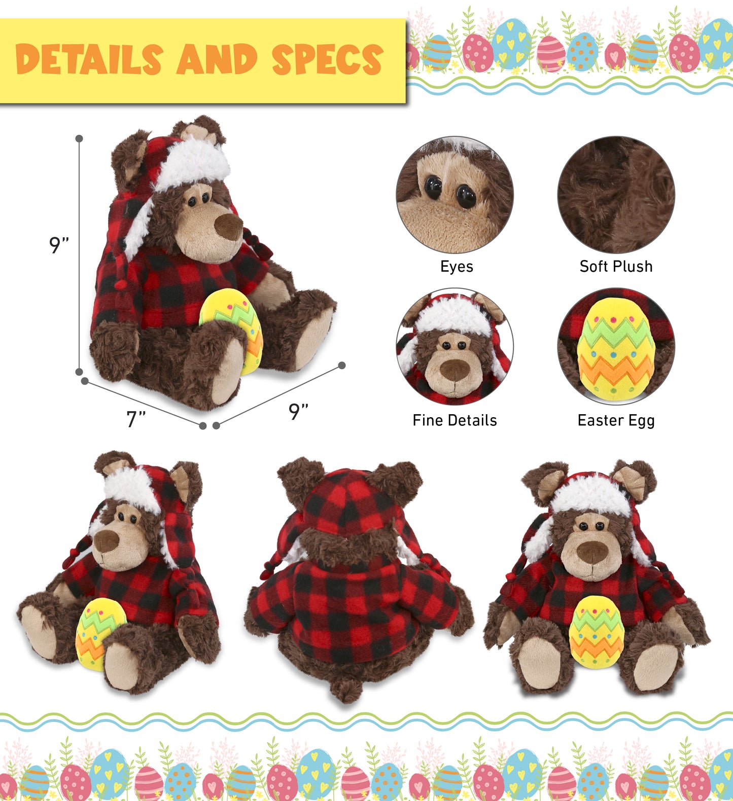 DolliBu Grizzly Bear with Red Plaid Outfit and Yellow Easter Egg Plush â€“ 9 Inch