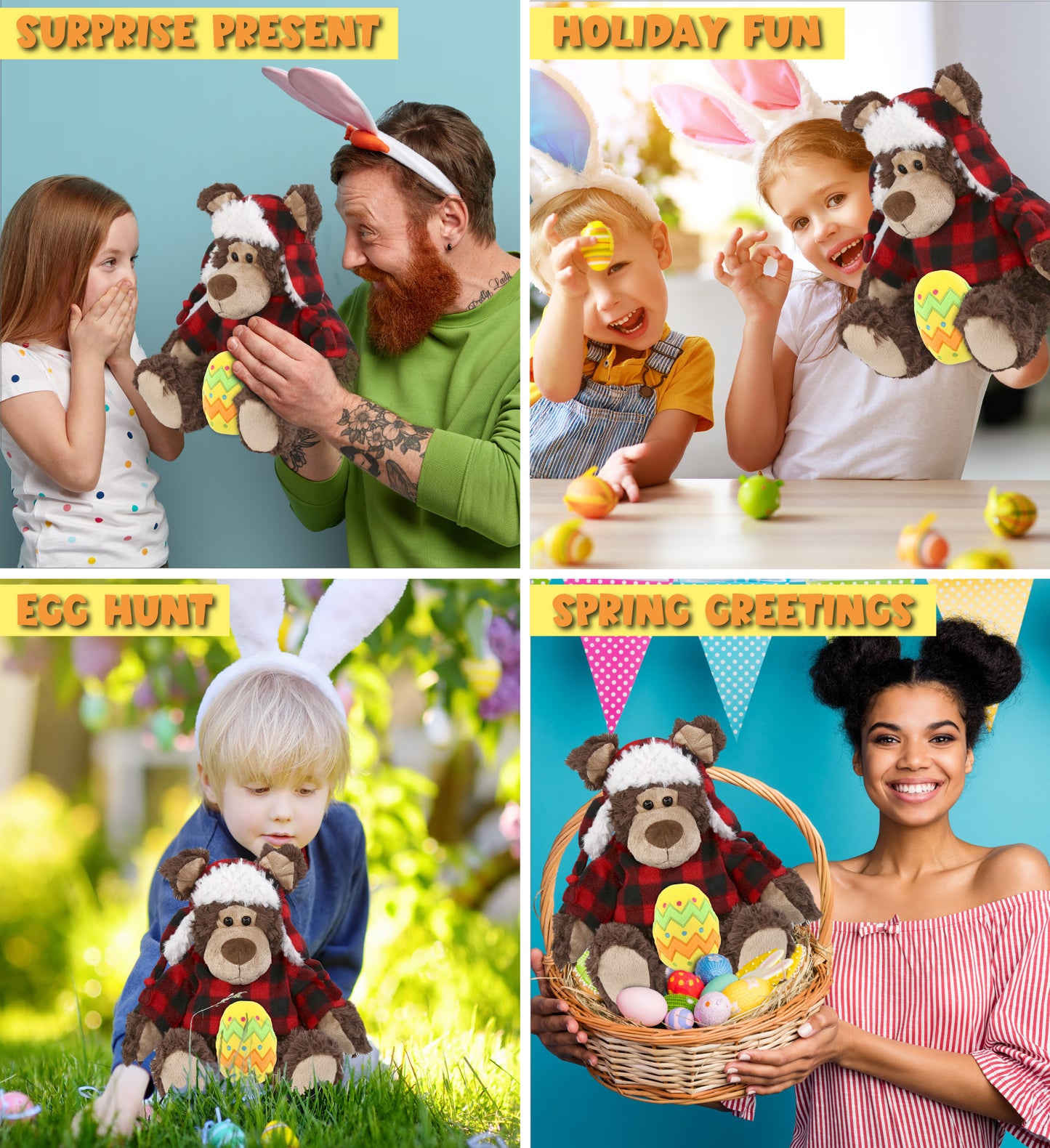 DolliBu Grizzly Bear with Red Plaid Outfit and Yellow Easter Egg Plush â€“ 9 Inch