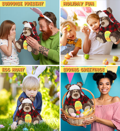 DolliBu Grizzly Bear with Red Plaid Outfit and Yellow Easter Egg Plush â€“ 9 Inch