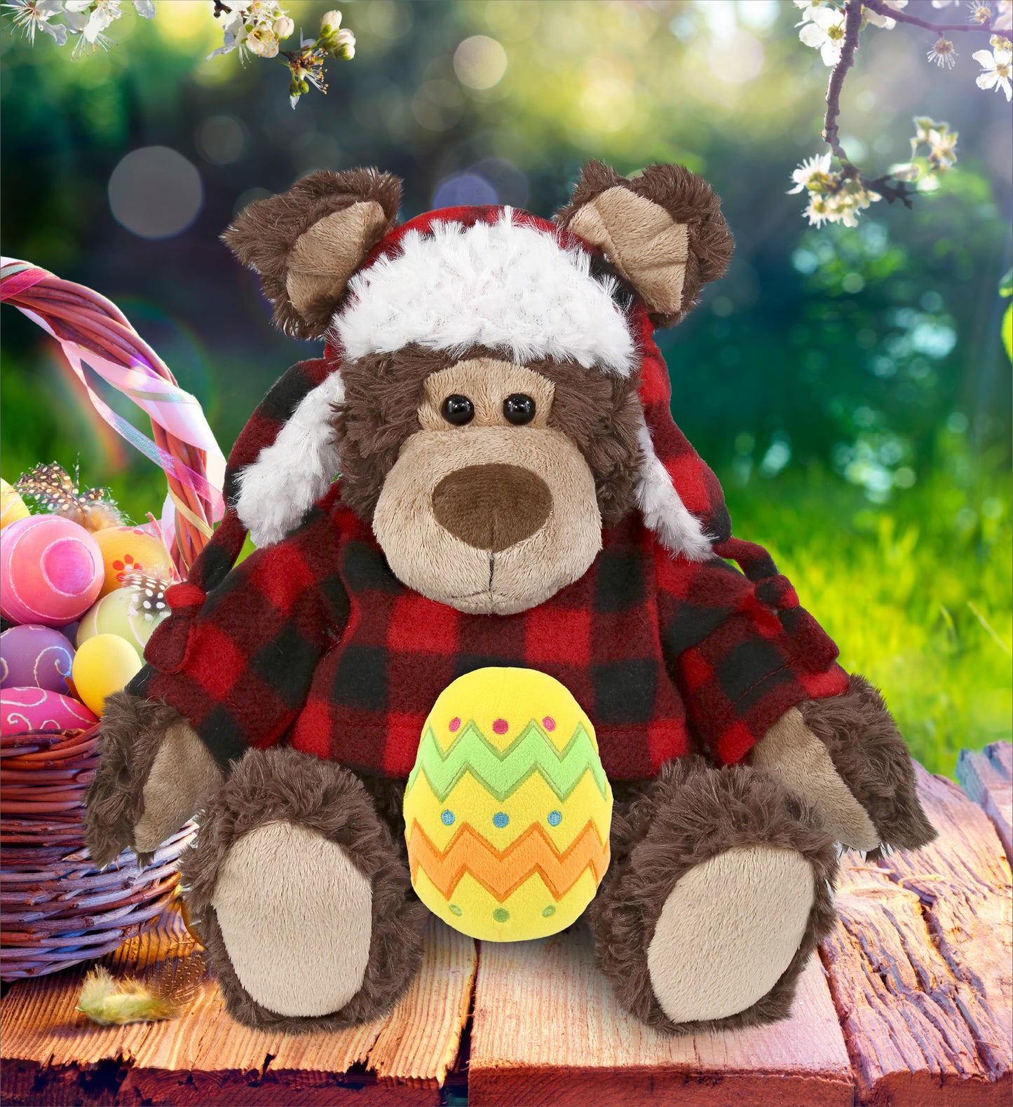 DolliBu Grizzly Bear with Red Plaid Outfit and Yellow Easter Egg Plush â€“ 9 Inch