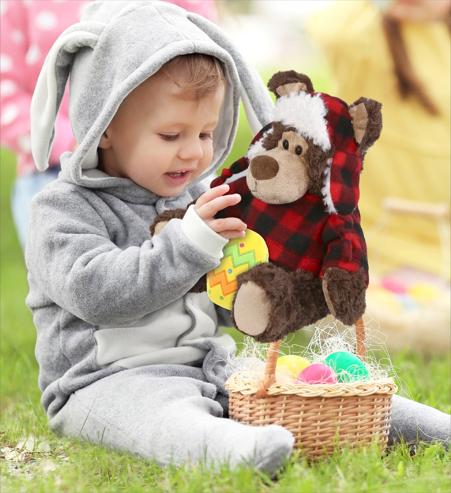 DolliBu Grizzly Bear with Red Plaid Outfit and Yellow Easter Egg Plush â€“ 9 Inch