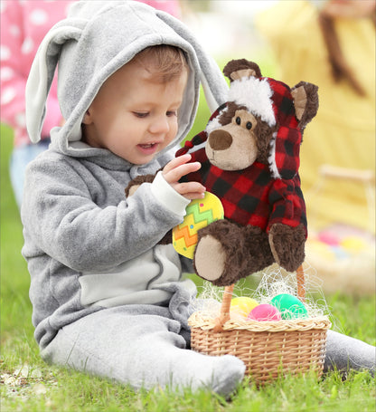 DolliBu Grizzly Bear with Red Plaid Outfit and Yellow Easter Egg Plush â€“ 9 Inch